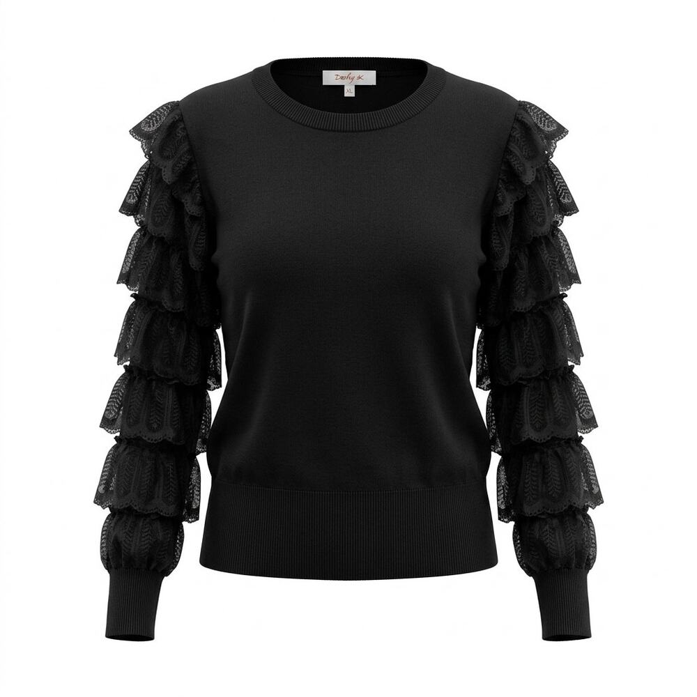Derhy Palissade Black Ruffle Sleeve Knit Sweater Women Size XL